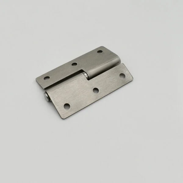 Close-up of a product named "6," featuring a stainless steel hinge with six screw holes, lying flat on a light gray surface.