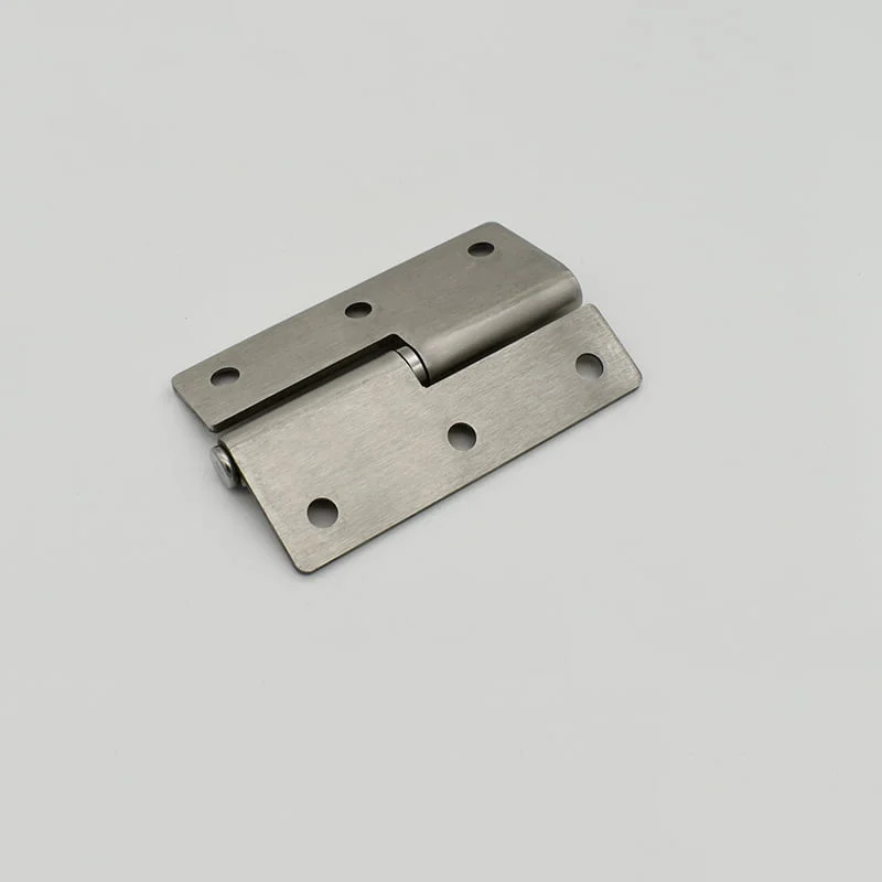 Close-up of a product named "6," featuring a stainless steel hinge with six screw holes, lying flat on a light gray surface.