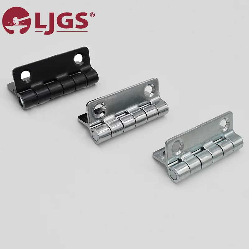 Three metal hinges on a gray surface: one black and two silver, each featuring the LJGS logo in the top left corner. Among them is the sleek flush butterfly hinge, model CL209 (16), that stands out for its design.