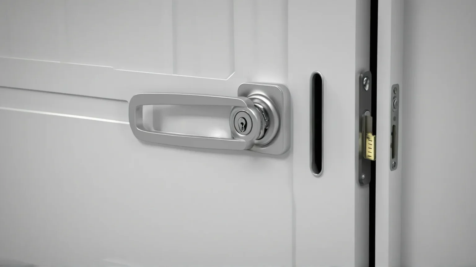 A picture of sleek gray aluminum sliding door locks applied to a white door, partially open, showcasing the keyhole, edge, and latch mechanism.