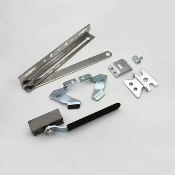 Various metal brackets and hinges, alongside accessories such as the Liang Jiang Cabinet Lock, are placed on a white surface.