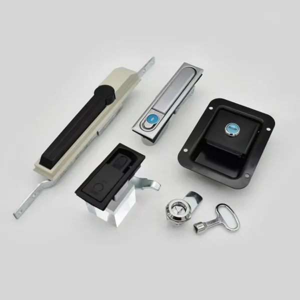 Various types of locks and handles arranged on a light gray surface, including lever handles, cam locks, the Liang Jiang Cabinet Lock, and flush handles.